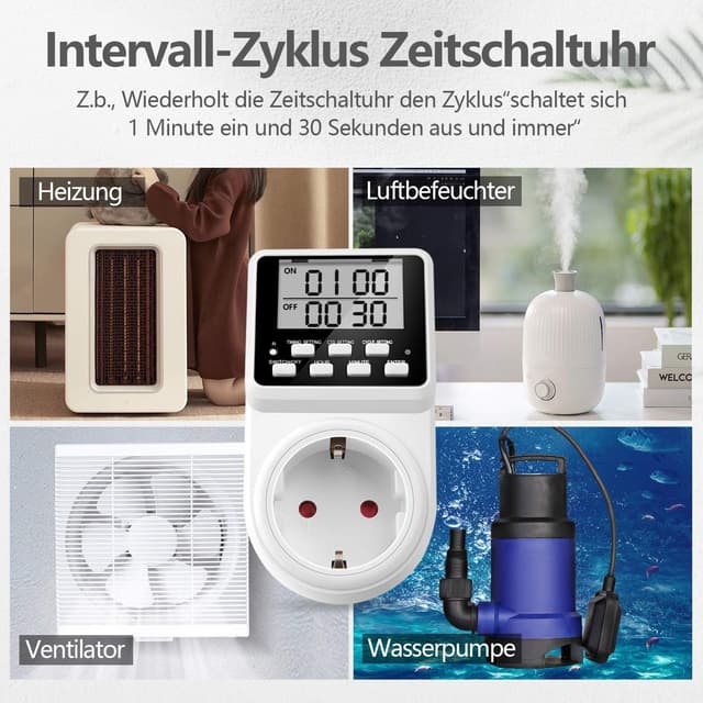 Detalle de NOVKIT Intervall Digitale Zeitschaltuhr Steckdose mit Countdown und 3 Schaltprogrammen (unendlicher Zyklus)