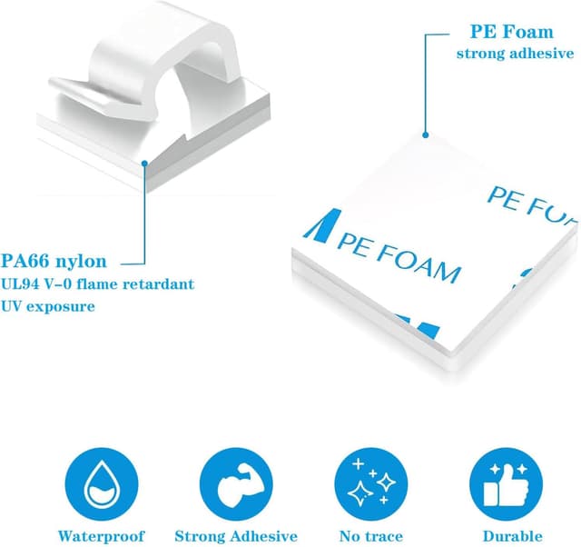 Detalle de SZFUDIGO 50 clips pour câble avec adhésif 3M (nylon PA66) – support mural noir ou blanc, pour câbles jusqu’à 5 mm