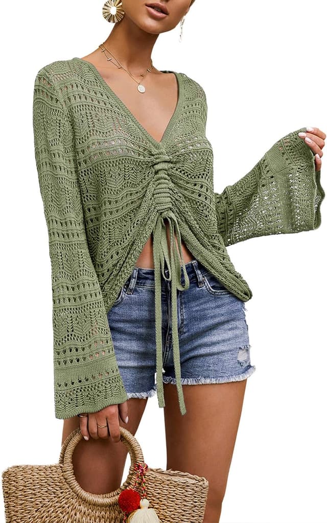 Imagen de Saodimallsu Women’s Boho Off-Shoulder Sheer Crochet Crop Top (Bell Sleeve, Ruched Tie-Front) en OfertitasTOP