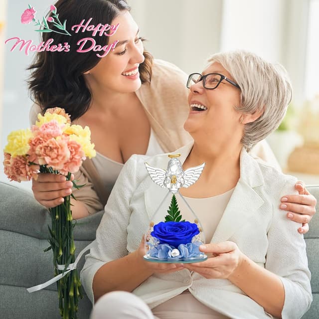 Detalle de YiHuaHua Rose Eternelle Cadeau Femme : rose stabilisée avec figurine d’ange sous cloche en verre