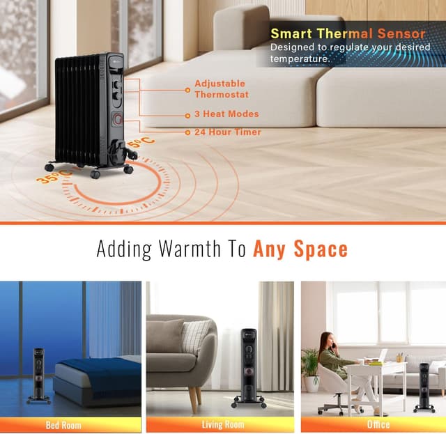 Detalle de PureMate Oil Filled Radiator 2500W, 11-fin heater 🏠