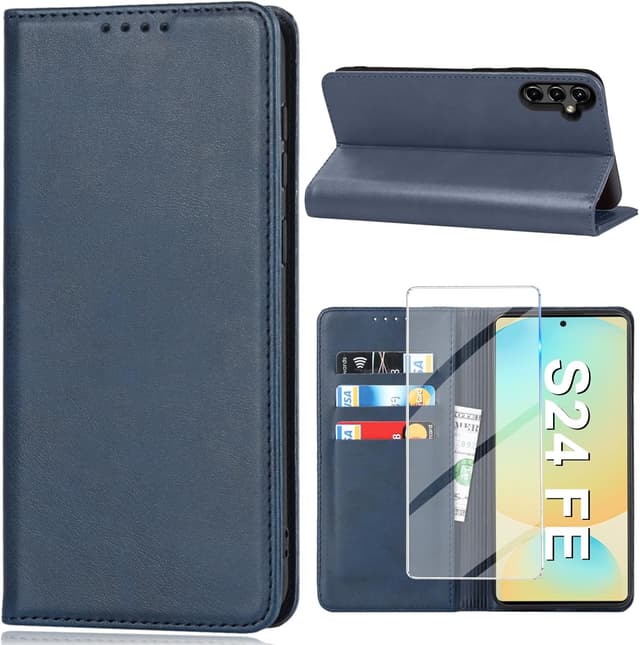 Detalle de Vaki Handyhülle für Samsung Galaxy S24 FE: PU-Leder Wallet Case mit Schutzfolie, Kartenfach & Standfunktion (Blau)