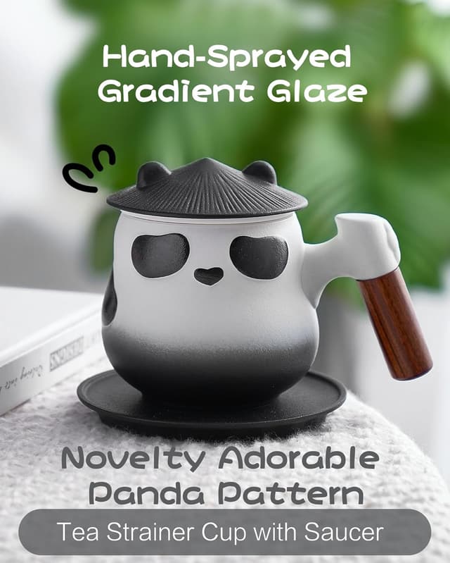 Detalle de ZENS Panda Tea Cup with Infuser and Lid (330 ml) in Ceramic & Wood – Black and White