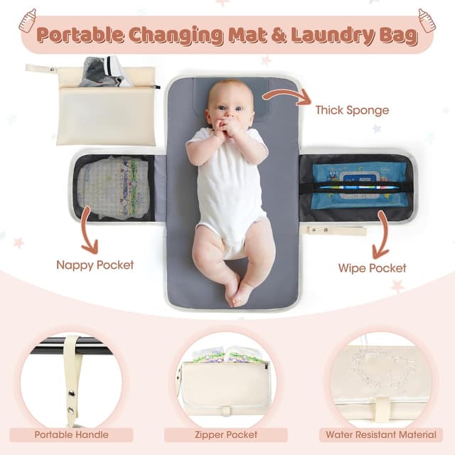 Detalle de RAINSMORE Baby Wickelrucksack Groß – 3-teiliges Wickelset mit Kinderwagengurten, Wickelunterlage und wasserdichten Fächern (Aprikose)