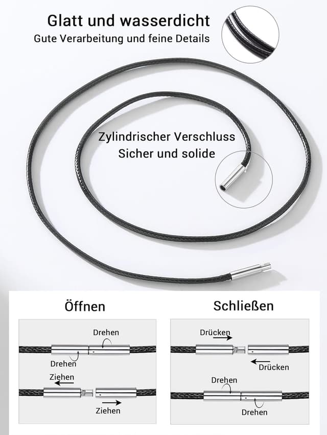 Detalle de PROSTEEL Kordelkette mit Edelstahlverschluss (2 mm) – schwarze Kette in Längen von 41 bis 76 cm, unisex