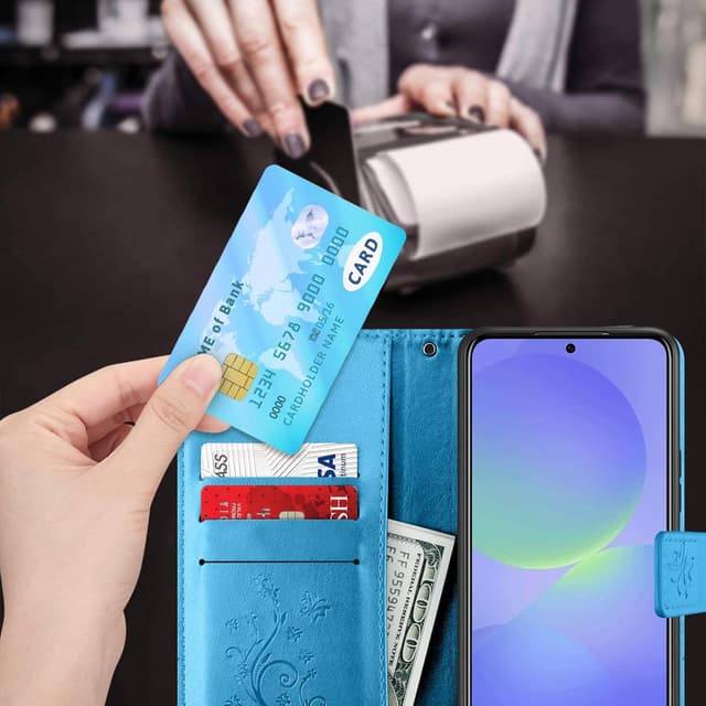 Detalle 2 de YIRSUR Handyhülle für Samsung Galaxy A36 5G (Blau) mit Flip-Case, 3 Kartenfächern und Hartglas-Schutzfolie