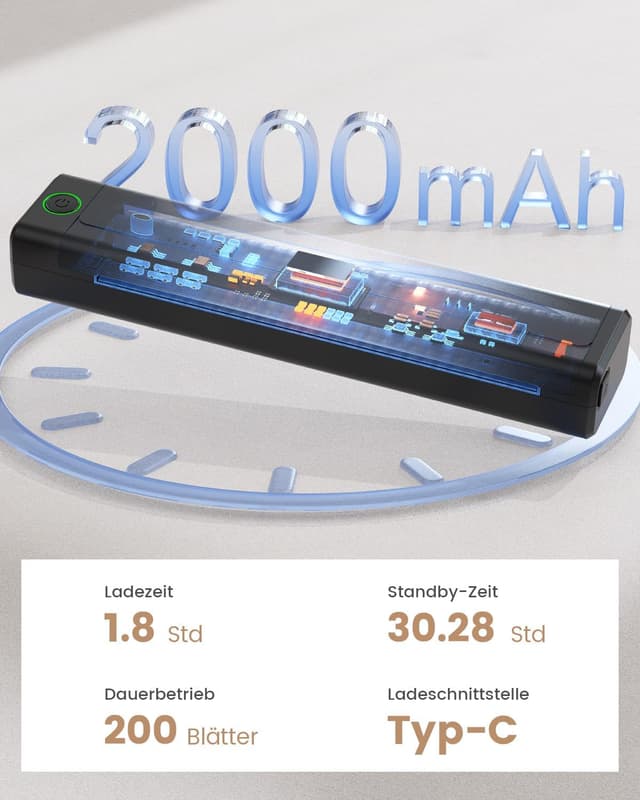 Detalle de NEWYES Tragbarer Thermodrucker für A4 (300 dpi) – Bluetooth-Drucker für Geschäftsreisen & Studium