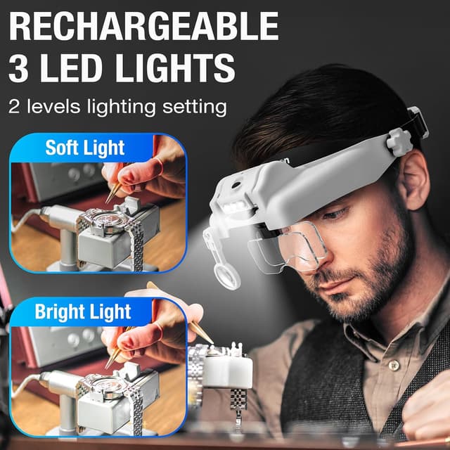 Detalle 2 de Exgoon Lupe mit Licht – Lupenbrille mit 1- bis 14-facher Vergrößerung, 6 abnehmbaren Linsen und USB-Ladeband (Schwarz)