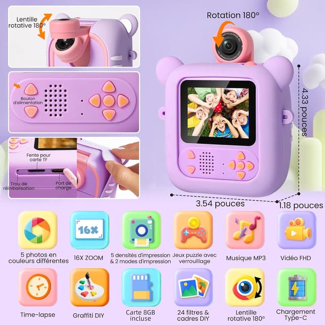 Detalle 2 de ARNSSIEN Appareil photo instantané enfant 180°