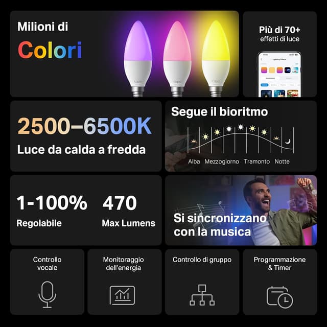 Detalle 2 de Tapo L430C lampadina smart E14 multicolore (Alexa/Google) con Sync-to-Music e timer, 4 pezzi