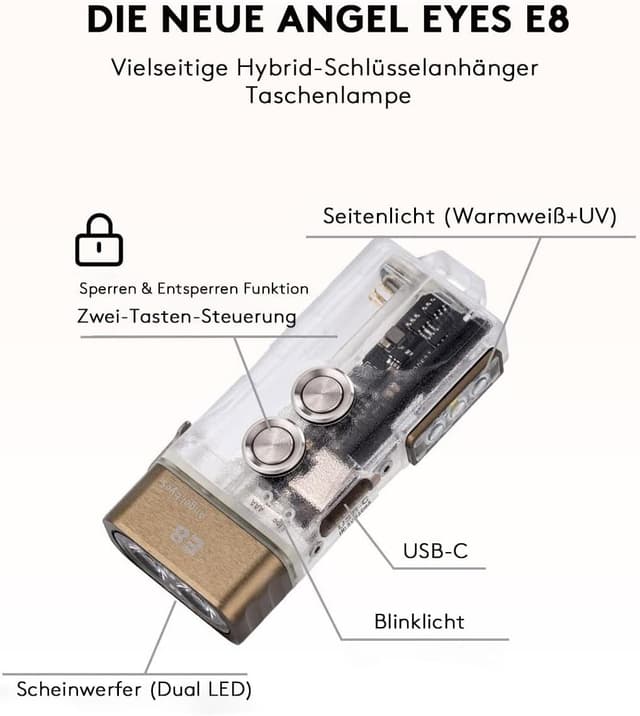 Detalle 2 de RovyVon E8 EDC Taschenlampe aufladbar – 500 Lumen, 4000K, 365nm & Rot/Weiß Seitenlicht, IPX6