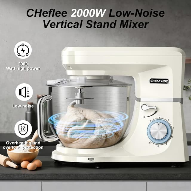 Detalle de CHeflee Robot pâtissier 2000 W 8 L avec 6 vitesses et accessoires (bol inox, fouet, batteur, crochet)