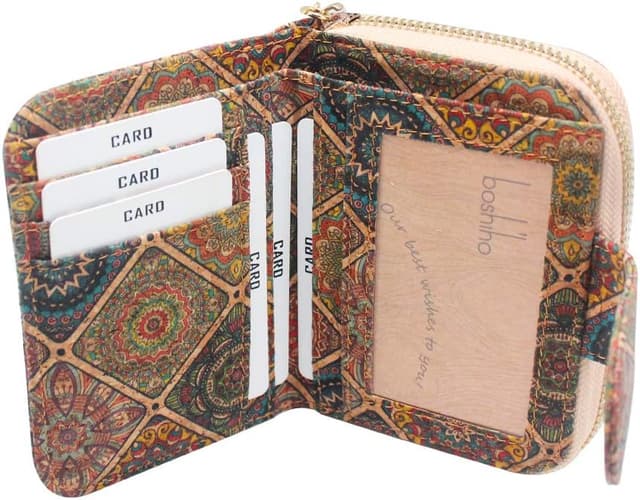 Detalle de boshiho Cork Wallet for Women – Slim vegan cork purse with zip, card slots & coin pocket