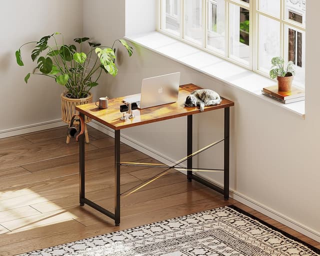 Detalle de ODK Scrivania da ufficio 80x40 cm in metallo e truciolato, piccola scrivania PC marrone