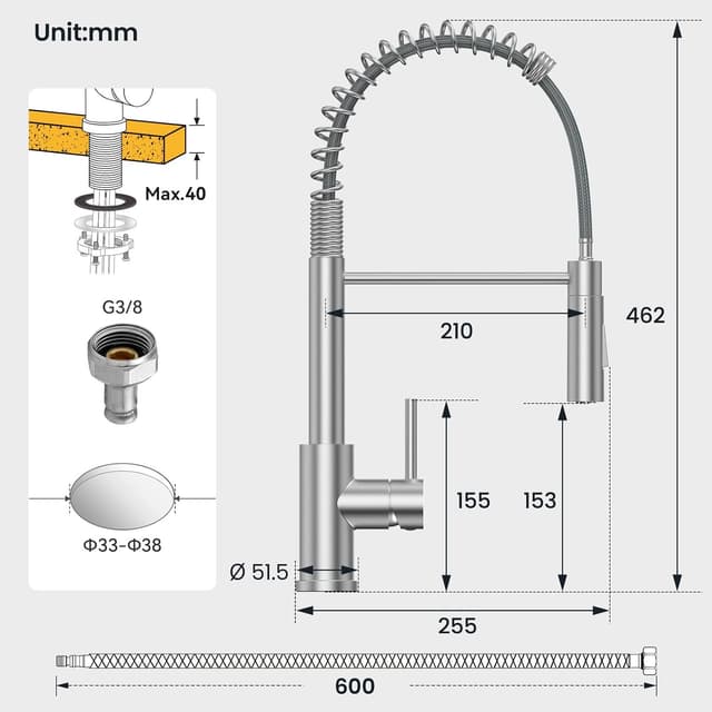 Thumbnail 6 de CECIPA Küchenarmatur mit ausziehbarer Brause und 2 Strahlfunktionen, Edelstahl (gebürstet)