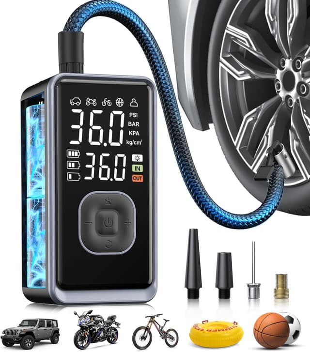 Detalle de Portable Tire Inflator Air Compressor (Cordless, 150 PSI) with Digital Pressure Display and LED Light