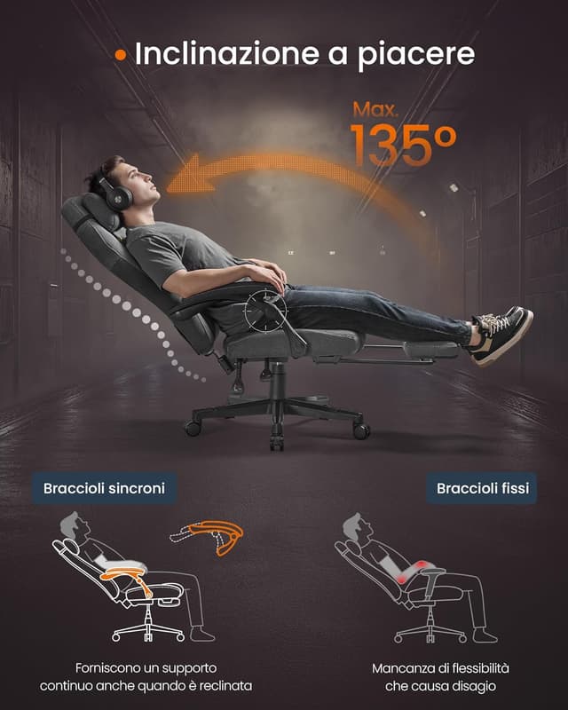 Detalle 2 de SONGMICS HOME Sedia da gaming ergonomica OBG072G01 grigio tortora con poggiapiedi e poggiatesta