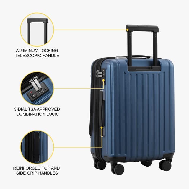 Detalle 2 de LEVEL8 Cabin Suitcase 20-Inch Carry on Luggage (ABS+PC Hardshell) with Laptop Compartment, TSA, 4-Wheel Spinner Trolley – Blue
