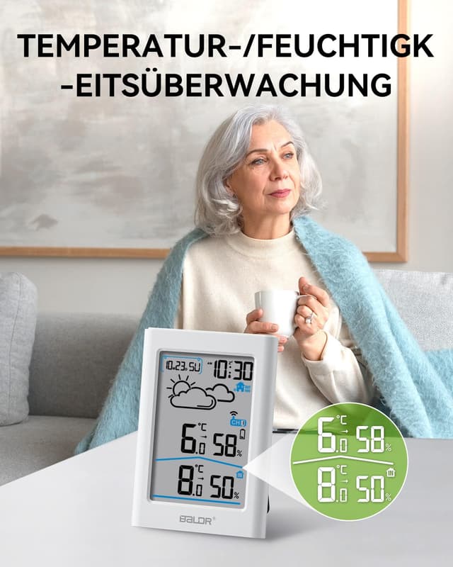 Detalle 2 de BALDR stazione meteo radio con sensore esterno, orologio DCF e termometro igrometro LCD