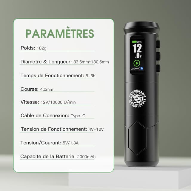Detalle de Kit Dragonhawk A1 Pro – machine à tatouer rotative sans fil + batterie 2000 mAh et 20 aiguilles (pour débuter)