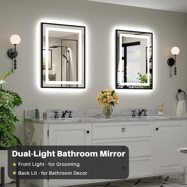 Detalle de Briivue 24x32 LED Bathroom Mirror (Black Frame) with Dual Lighting, Anti-Fog, Dimmable + Memory