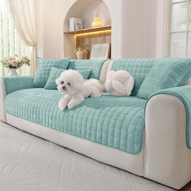 Detalle de Ystyle Copridivano in pile morbido con base antiscivolo, telo lavabile per divani 1/2/3/4 posti e chaise longue (turchese, 90x90 cm)