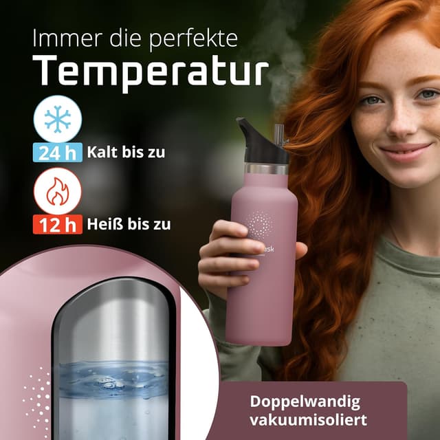 Detalle de Trinkflasche Edelstahl mit Strohhalm-Infuser & 3 Deckeln (BPA-frei, auslaufsicher) – 530 ml, isoliert