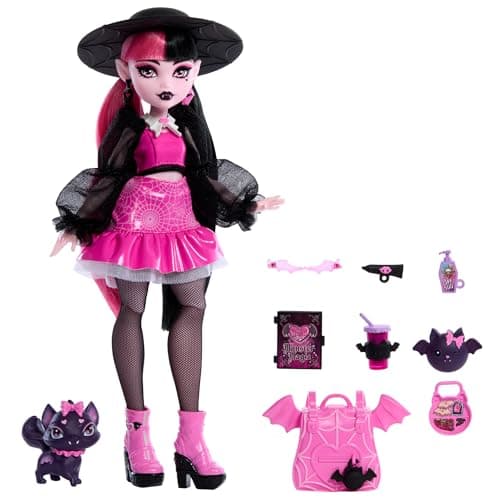 Detalle de Monster High Fabulosa Draculaura con mascota Count Fabulous (Mattel HRP64) muñeca articulada y set de moda con accesorios