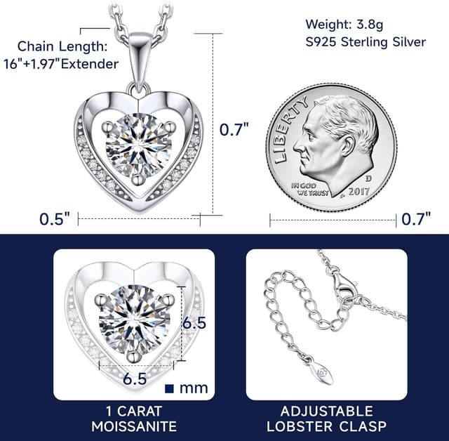 Detalle de MomentWish Damen-Halskette aus 925 Silber mit Herz-Anhänger und Moissaniten (1–2 Karat)