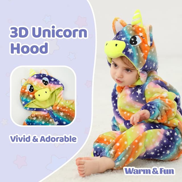 Detalle de Costume bébé licorne arc-en-ciel LOLANTA : combinaison une pièce en peluche avec capuche animale