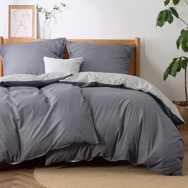 Detalle de BEDSURE Bettwäsche 135x200 aus Baumwolle, 4-teilig (Wendebettwäsche) in Anthrazit/Grau