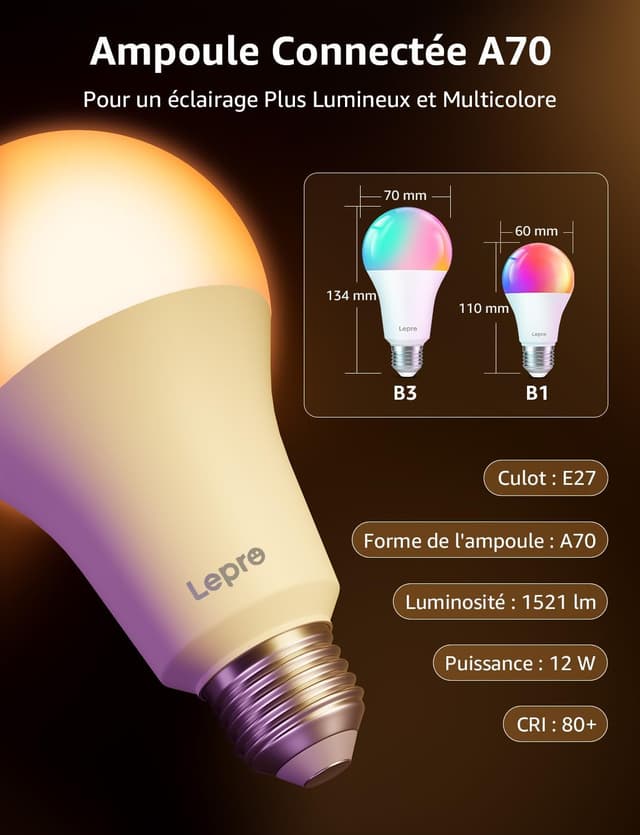 Detalle de Lepro B3 IA ampoule connectée WiFi E27 (LightGPM) : couleurs DIY, contrôle vocal Alexa et synchronisation musicale