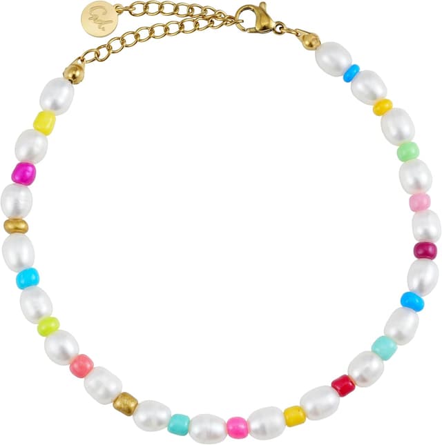 Detalle de GD GOOD.designs EST. 2015 Bracelet de cheville pour femme en perles d’eau douce multicolores, perles 4 mm, fermoir ajustable