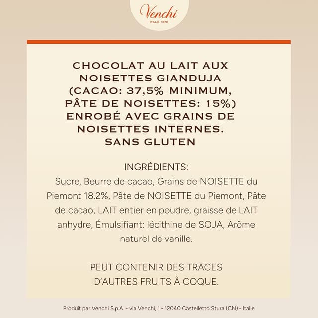 Detalle 2 de Œuf au chocolat Venchi Chocoviar Gianduja aux éclats de « Noisettes du Piémont » (sans gluten), 330 g