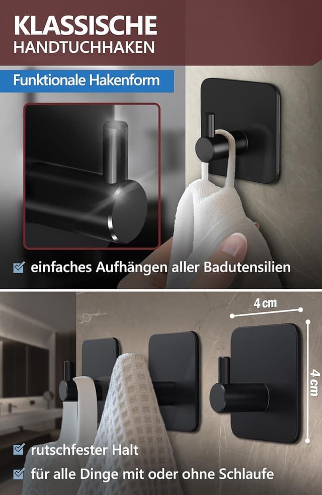 Detalle de 4smile Handtuchhalter ohne Bohren (6er-Set) – selbstklebende Handtuchhaken aus 304 Edelstahl, schwarz