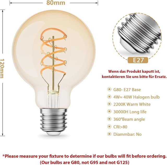 Detalle de YindaLux E27 LED Filament Edison G80 4W, 2200K warmweiß (3er Set), nicht dimmbar