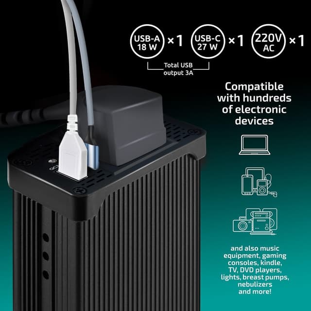 Detalle de Odoga 300W Car Power Inverter (12V to 240V) with USB-A & USB-C 3A Charging Ports