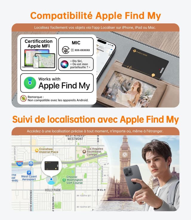 Detalle 2 de NOVOO Carte SmartTag fine rechargeable étanche IP68 compatible Apple Find My (iOS uniquement)