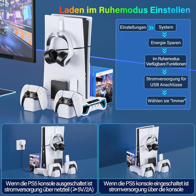Thumbnail 6 de ZRZLMVP PS5 Standfuß mit Controller-Ladestation, Lüfter & 3-fach USB-Hub (RGB) für PS5 / PS5 Slim / PS5 Pro – Weiß
