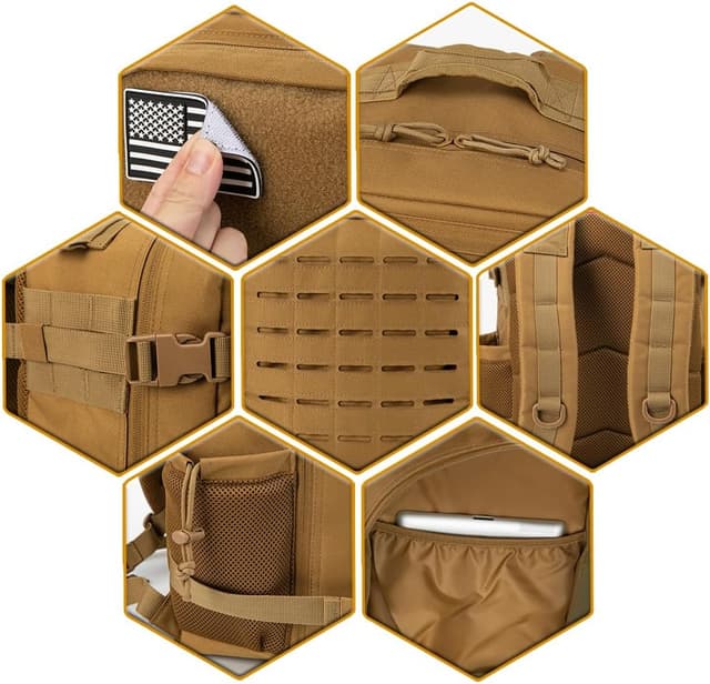 Detalle de QT&QY taktischer Militär-Rucksack für Herren (25 l) mit MOLLE, wasserdichtem 900D-Polyester und flachem 180°-Öffnen