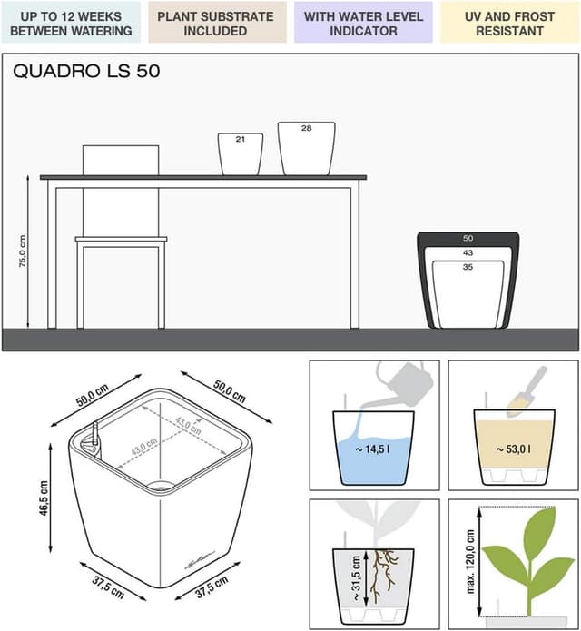 Detalle 2 de Lechuza Quadro Premium 50 LS – Komplettset in Weiß (Bewässerungssystem für Zimmerpflanzen)