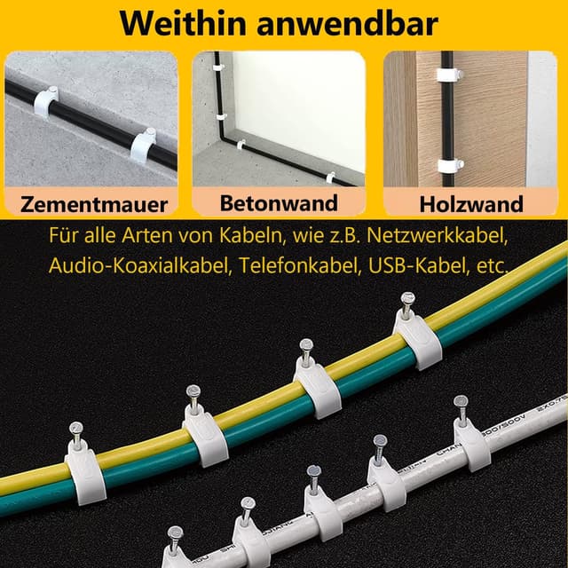 Detalle de Dekukar 400 Stück Kabelnagelclips in Weiß – 4 Größen (4/6/8/10 mm) für Rundnägel, saubere Kabelmontage