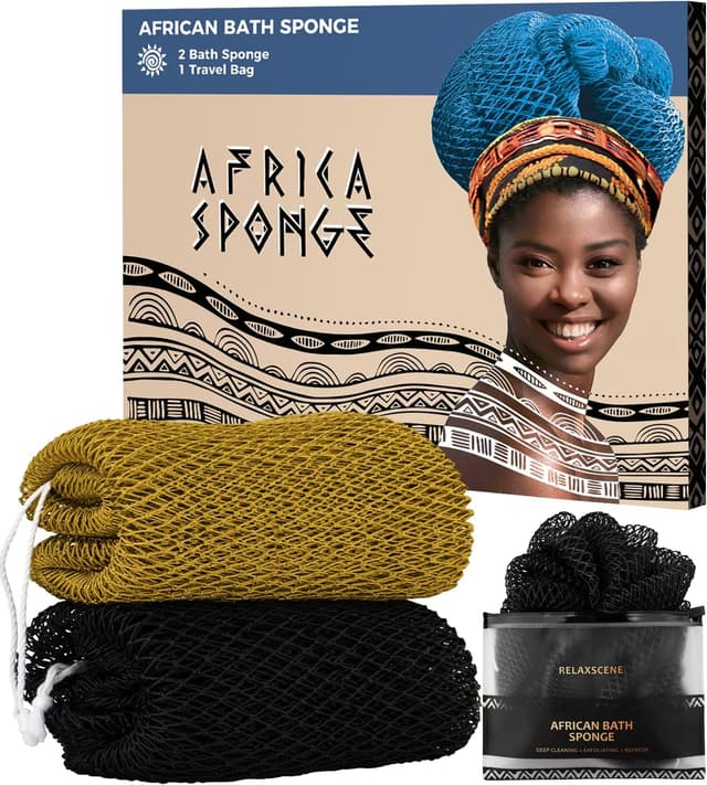 Detalle de RelaxScene African Net Sponge Authentic (2-pack) – Exfoliating body scrubber bath sponge in black & antique gold
