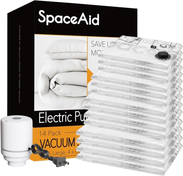 Detalle de SpaceAid 14-pack vacuum storage bags with electric air pump (Jumbo to Small) for bedding, pillows and clothes