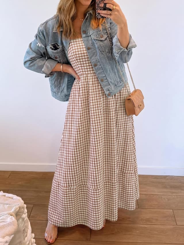 Detalle de Caracilia Women’s Gingham Spaghetti Strap Back Smocked Maxi Dress (Rayon) with Pockets