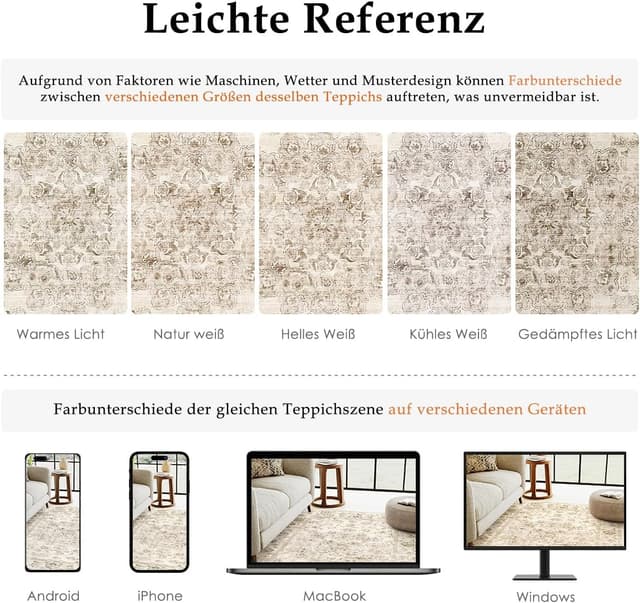 Detalle de HUGEAR Vintage Beige waschbarer Teppich für Wohnzimmer & Schlafzimmer (120x170 cm) – Retro Kurzflor mit rutschfester TPR-Rückseite