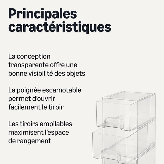 Detalle 2 de Amazon Basics : lot de 4 tiroirs de rangement empilables en plastique transparent pour maquillage