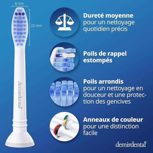 Detalle de 8 embouts demirdental Medium compatibles Philips Sonicare (remplace HX6018) — blancs