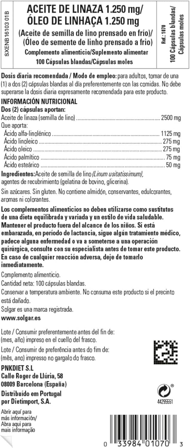 Detalle 1 de Solgar Aceite de Linaza 1250 mg - 100 cápsulas blandas 🥑