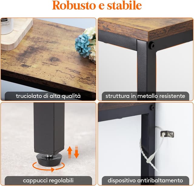 Detalle de Lifewit Consolle Stretta 180 cm con 2 prese e 2 porte USB, tavolo da divano 180x20x80 cm marrone rustico